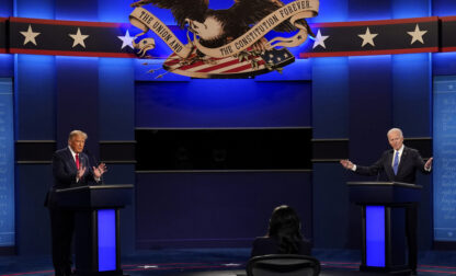 FILE - President Donald Trump and Democratic presidential candidate former Vice President Joe Biden participate in the final presidential debate at Belmont University, Oct. 22, 2020, in Nashville, Tenn. (AP Photo/Patrick Semansky)