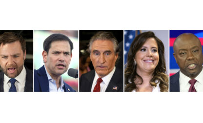 This combination photo shows Sen. J.D. Vance, R-Ohio, in Atlanta, June 27, 2024, from left, Sen. Marco Rubio, R-Fla., in Miami, Nov. 6, 2022, North Dakota Gov. Doug Burgum, June 27, 2024, in Atlanta, Rep. Elise Stefanik, R-N.Y., June 13, 2024, and Sen. Tim Scott, R-S.C., Nov. 8, 2023, in Miami. (AP Photo)