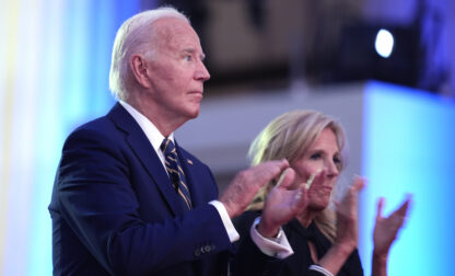 President Joe Biden, left, and first lady Jill Biden applaud before Biden delivers remarks on the 75th anniversary of NATO at the Andrew W. Mellon Auditorium, Tuesday, July 9, 2024, in Washington. (AP Photo/Evan Vucci)