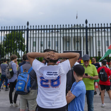 People outside the White House in Washington, Thursday, May 30, 2024. Former President Donald Trump became the first former president to be convicted of felony crimes as a New York jury found him guilty of 34 felony counts of falsifying business records in a scheme to illegally influence the 2016 election through hush money payments to a porn actor who said the two had sex. (AP Photo/Pablo Martinez Monsivais)